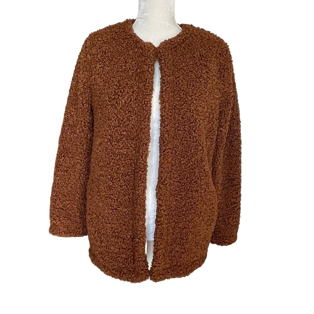 Max Studio Women’s Faux Fur Shearling Teddy Bear Coat Size S Brown Collarless